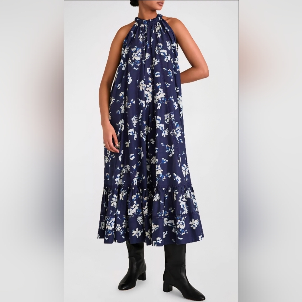 NWT MERLETTE Celestia Floral-Print Trapeze Halter Midi Dress Medium $560